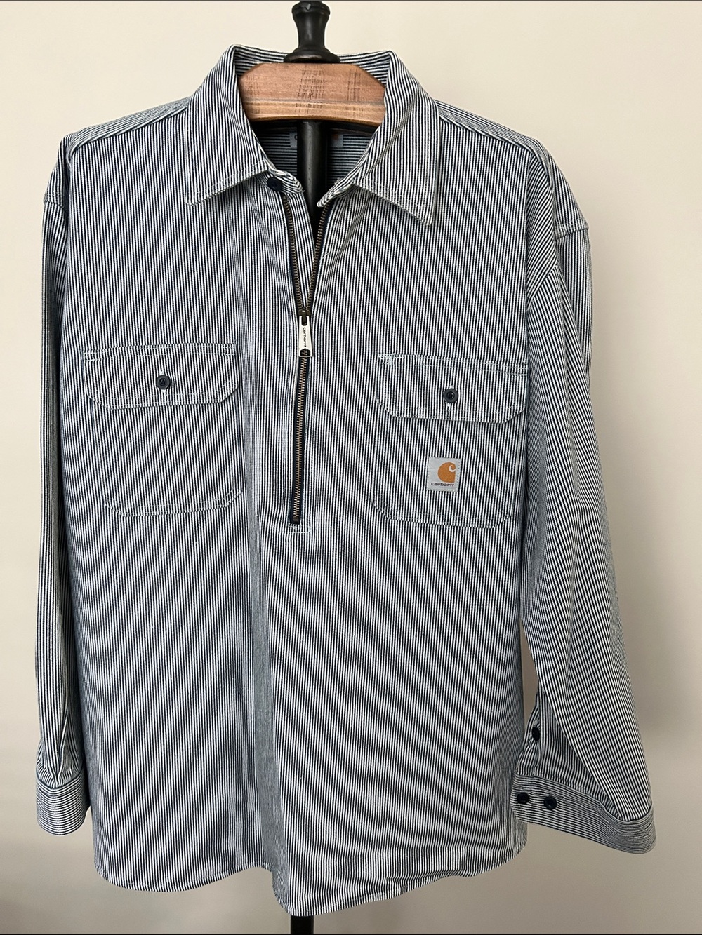Carhartt Men’s Navy and White Denim Pinstripe Half-Zip Pull-over Shirt